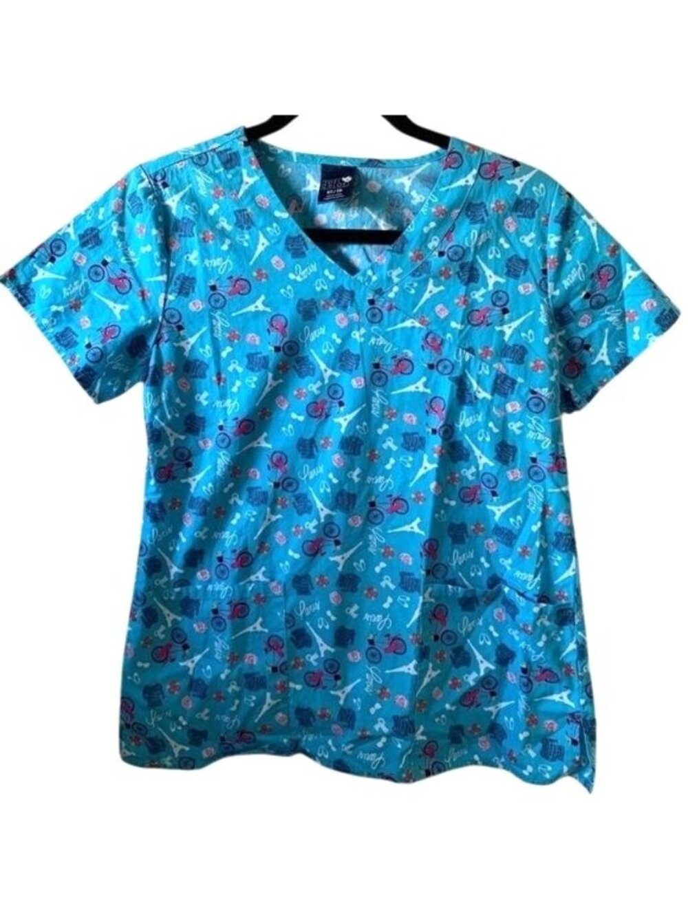 Zoe + Chloe XS Womens Paris-Themed Blue Scrub Top 100% Cotton